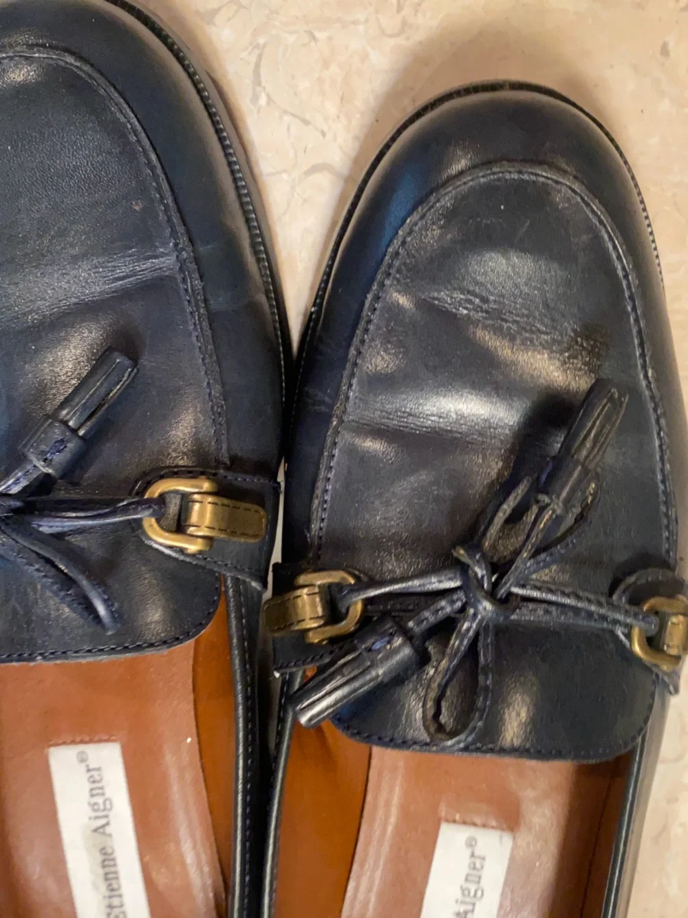 Etienne Aigner Navy Leather Tassel Loafers with Gold Bit